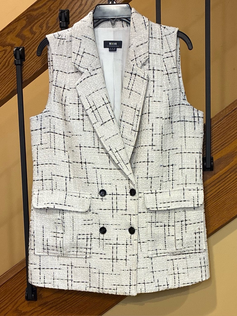 Maeve Vest Long length button front pockets Lined plaid Off White/Black SZ. 10